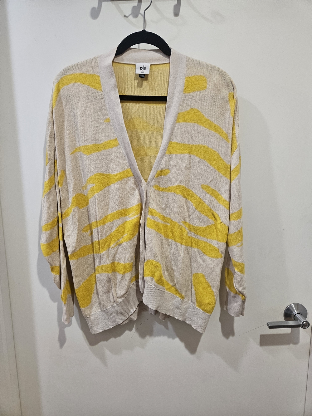 CAbi Oversized Cream and Yellow Abstract Stripe Open-Front Cardigan